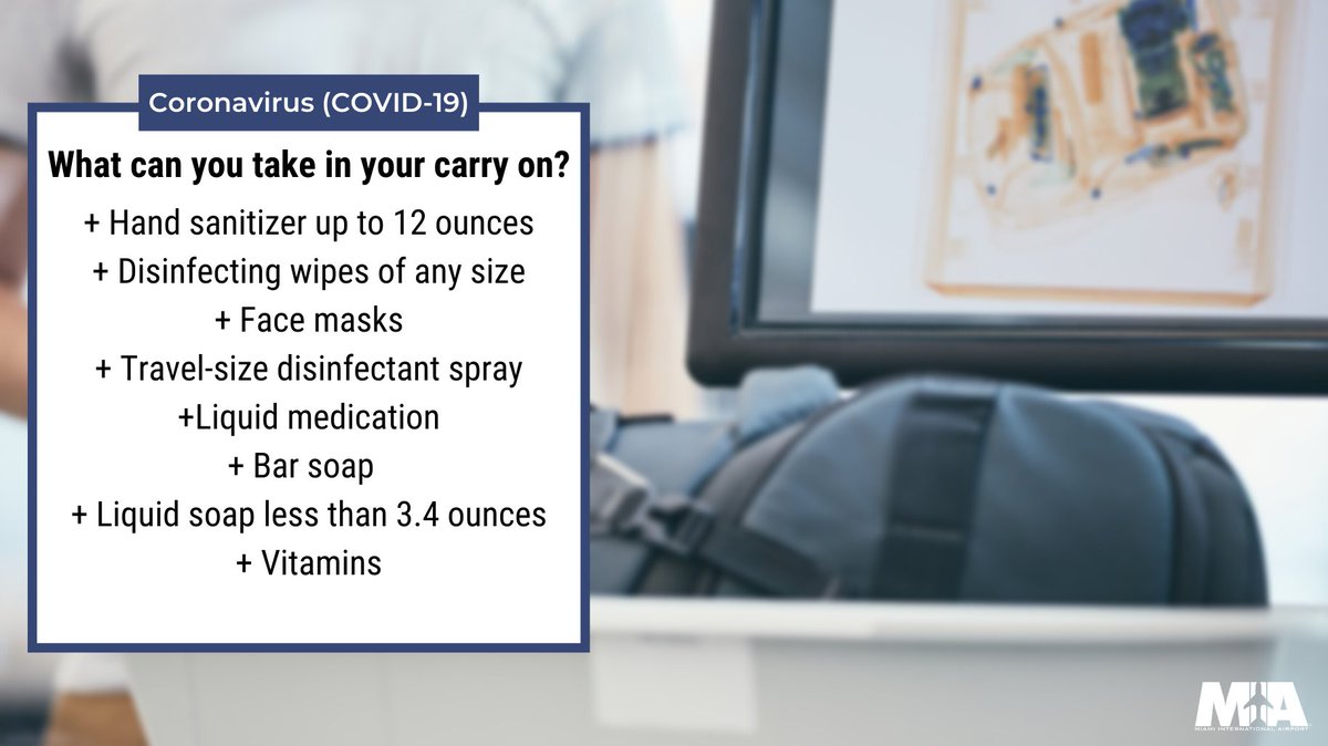 Traveling soon? Here are some items that are approved by the  @TSA that you can pack in your carry on.  #MIAHealthTip  #Coronavirus  #COVID19   https://bit.ly/2Ui2zQf 