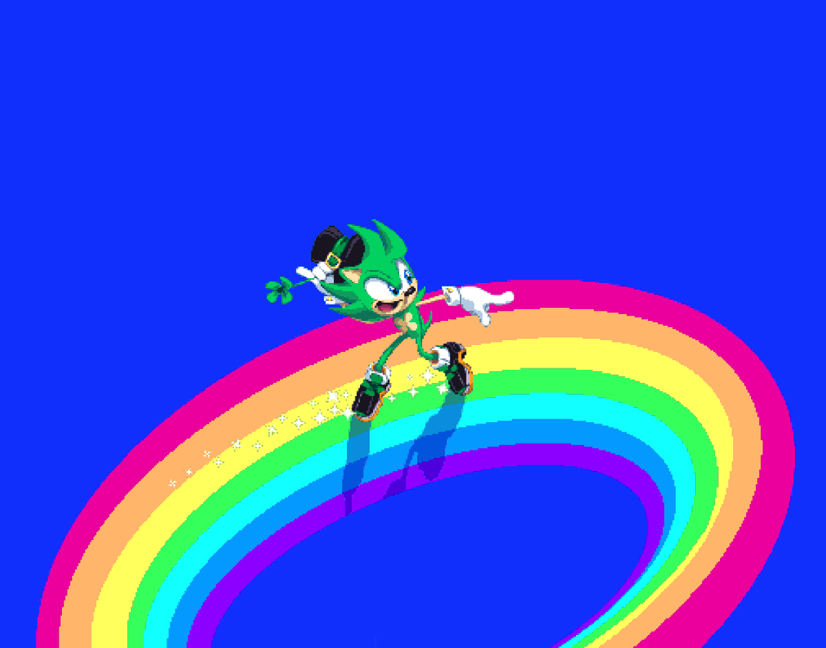 #IrishTheHedgehog #HappyStPatricksDay 
I was inspired~ 🤭
My personal headcanon is that he uses rainbow bridges to glide from Zone to Zone (which is also why he has soap shoes) and He uses the pots of gold he has to set where he lands~🌈
Listened to the Treasure Planet ost for it