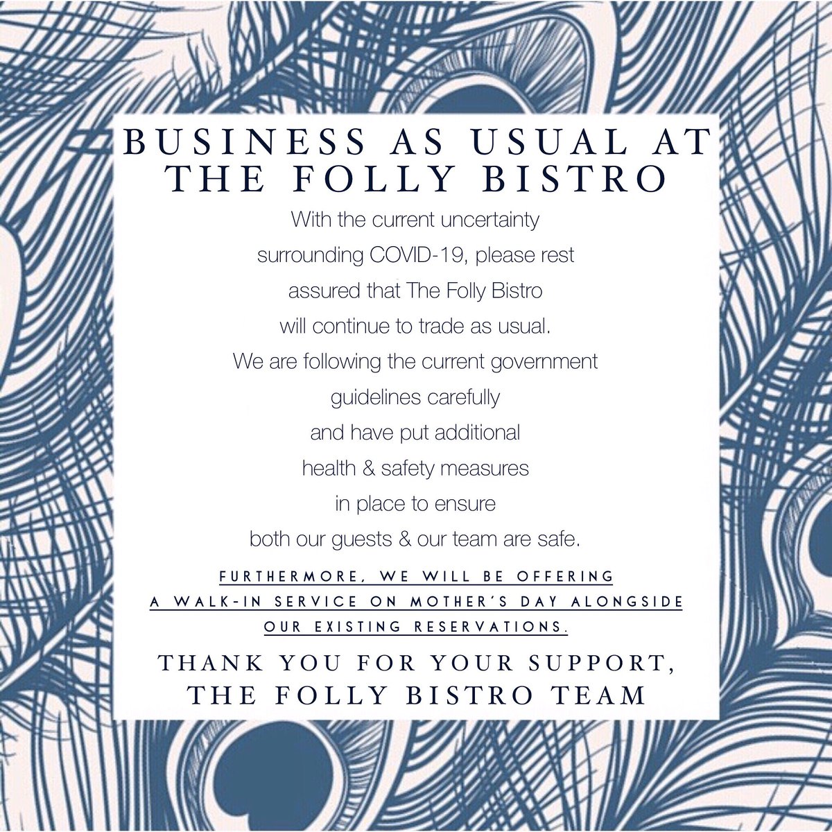 Business as usual at The Folly Bistro... Thank you to all of our wonderful customers for all of your support 💙