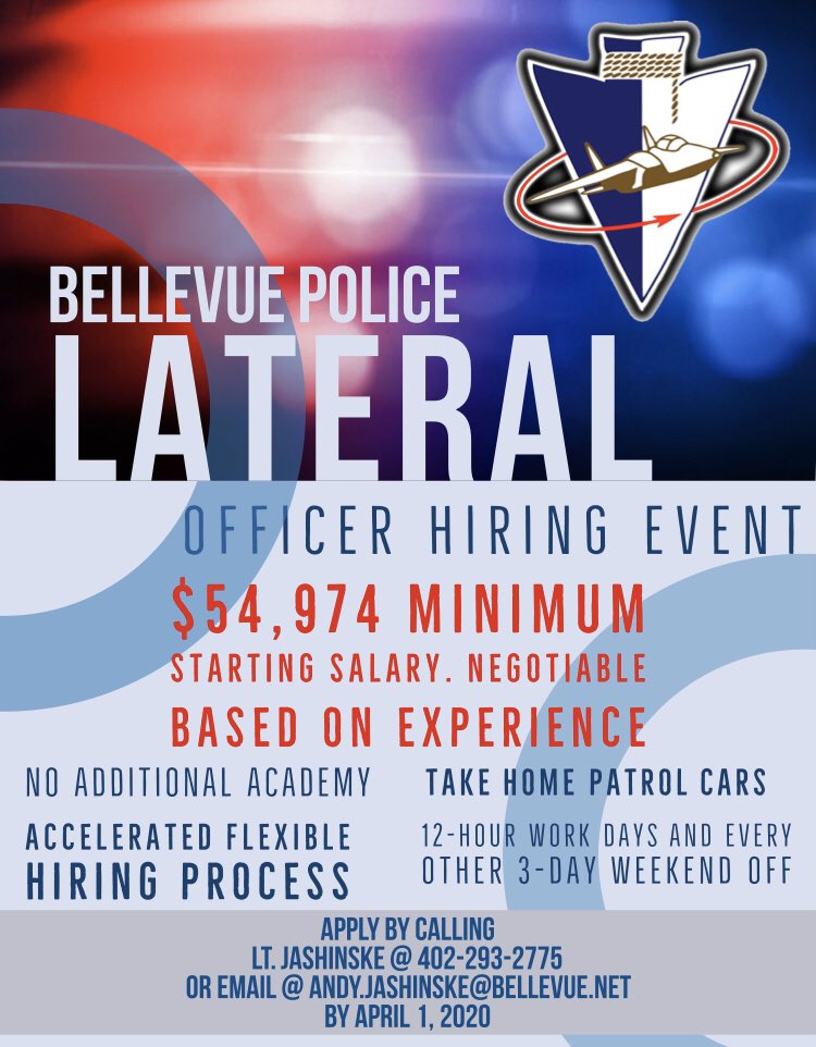 The Bellevue Police Department has just opened a new lateral hiring process for current certified police officers. We have not implemented this process for many years. Now is the time to take advantage of a great opportunity! Call or email @Lt_Jashinske to get started today!