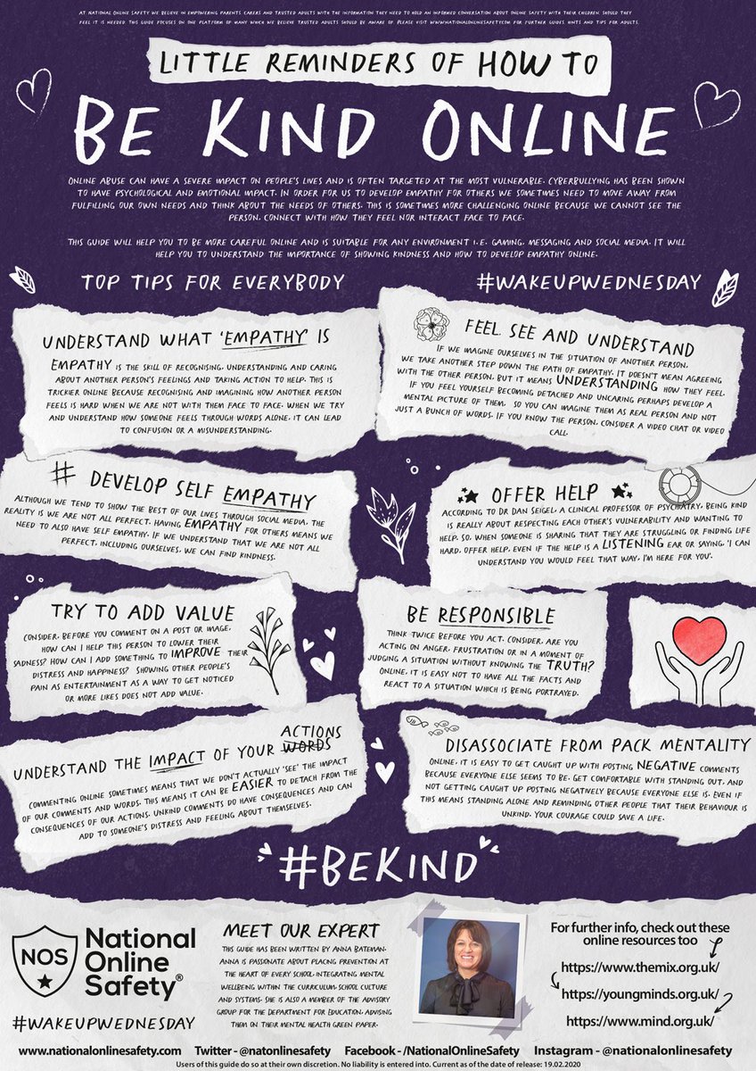 StoneferryPS's tweet photo. Sometimes it can be very easy to forget that sat behind other devices are other humans with feelings. It can be very easy to send unkind messages which can be upsetting. These are a few reminders about kindness. Please share with your children. #spssafeguarding #spscommunity https://t.co/qTcPgQvCMb