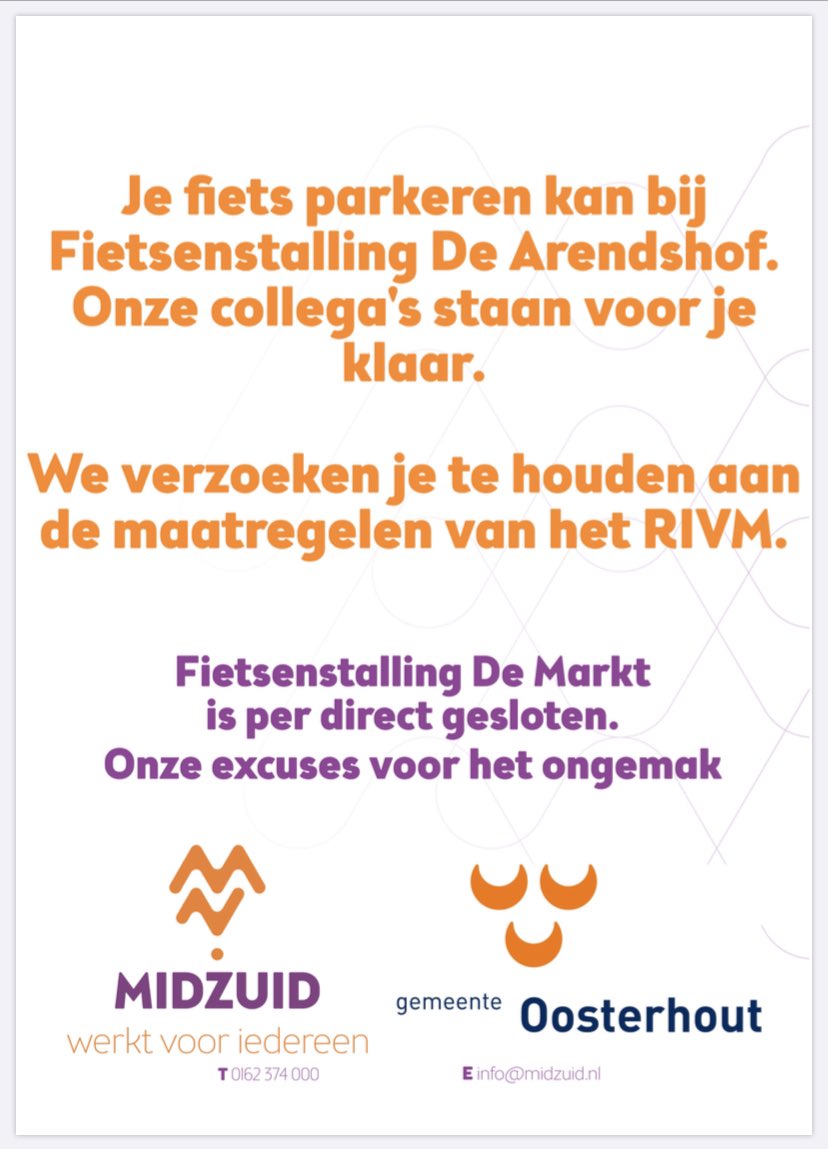 SchillemansMZ's tweet photo. Vanaf vandaag is de fietsenstalling Markt @Gem_Oosterhout gesloten.
Onze medewerkers @midzuid heten u voorlopig nog van harte welkom in de fietsenstalling Arendshof
#fiets #Oosterhout #MidZuid #werktvooriedereen https://t.co/J2m7fpYZQf