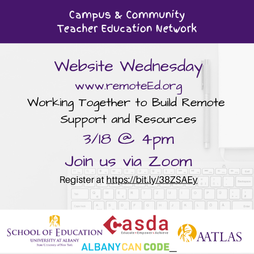UAlbanyEdu's tweet image. 3/18 @4pm we're launching remoteED.org. These resources have been compiled by our faculty, staff &amp;amp; students to help #K12 #teachers &amp;amp; incorporate remote learning tools into their classes &amp;amp; to foster a community of practice. Register here &amp;gt; bit.ly/38ZSAEy