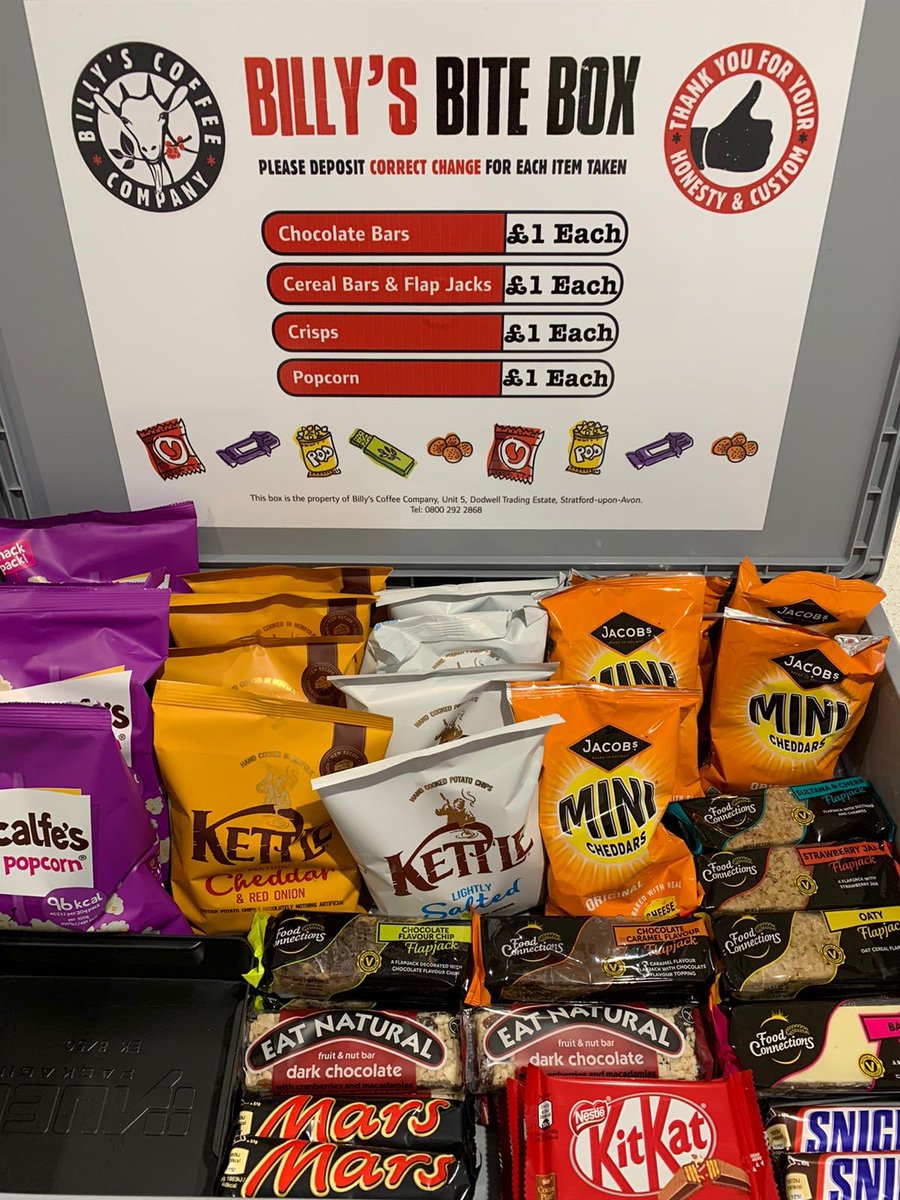 BillysCoffeeCo's tweet photo. Check out our new snack boxes which we deliver and replenish weekly to businesses in #Stratforduponavon #bidford #shipstononstour &amp; surrounding villages. No contract, no obligation just a good range of snacks including healthy options #keepthetroopsfed #helplocalbusinesses https://t.co/leDy10dHTY