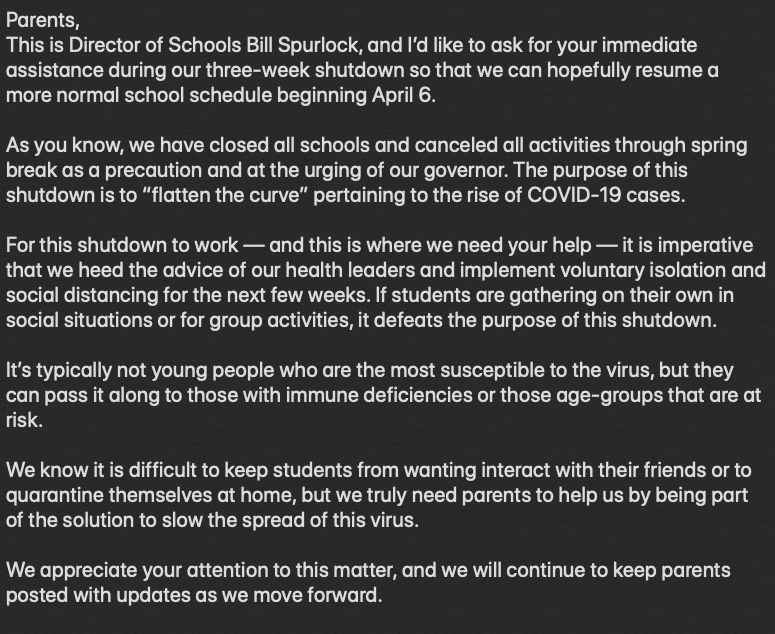Parents, we NEED your help. 

Please see this important message from Director of Schools Bill Spurlock. 

@spurlockb_rcs