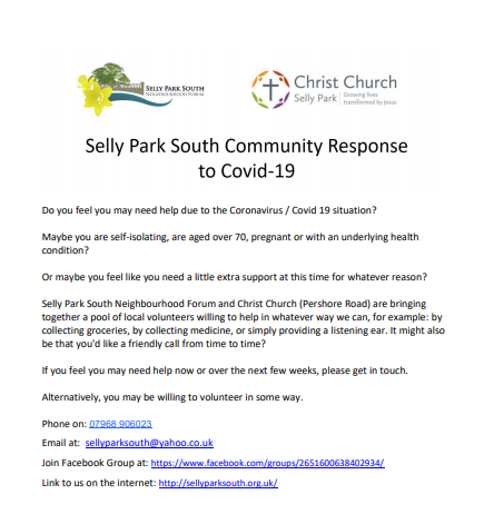 Do you feel you may need help due to the Coronavirus / Covid 19 situation? Selly Park South Neighbourhood Forum and Christ Church  are bringing together a pool of local volunteers willing to help in whatever way we can
