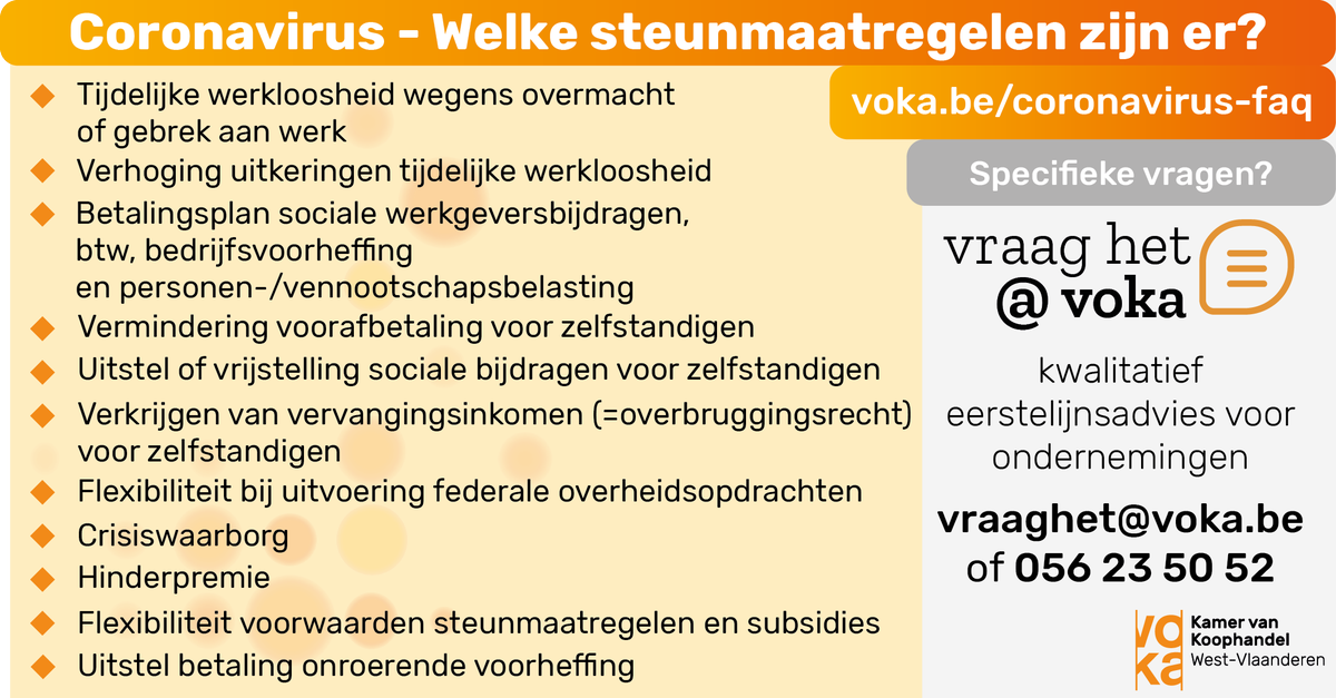 VokaWVL's tweet photo. Vanaf morgen 12u zijn nieuwe maatregelen van kracht id strijd tegen het #coronavirus @VokaWVL houdt u op de hoogte! Steunmaatregelen en veelgestelde vragen kunt u vinden in onze FAQ (https://t.co/QgZvk0Y6C0). Specifieke vragen kunt u stellen via vraaghet@voka.be #samentegencorona https://t.co/QvRCXEQhyx