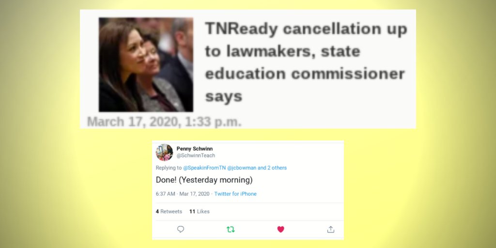 GracieNunyabiz's tweet photo. Hey @davidplazas @natalie_allison the @Tennessean reported 1:33pm today, 3/17/20 that:
@TNedu @SchwinnTeach says #TnNotReady is up to #tnleg
But she replied this a.m., via tweet, that she had rqst'd waivers yesterday?
Lee said each have responsibility to play role
#MakeItHappen https://t.co/W4Er1Xhq8w