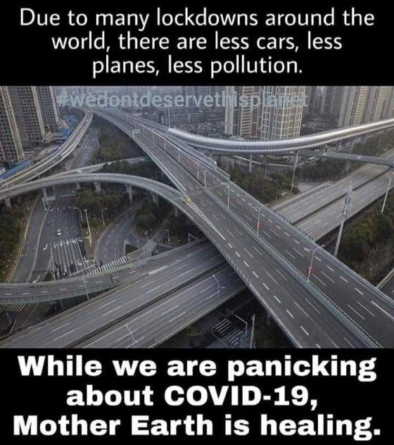 Is this Mother Nature sending a signal?To Earth , we humans are the virus ...Pollution has dropped considerably in China  since the lockdown. At least that will be a positive thing here as well 