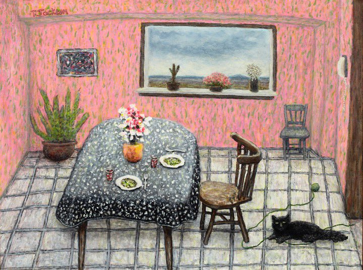 Hands up ✋ if you are self-isolating with a furry friend. Help flatten the curve and practice social distancing. #MuseumFromHome 
Image: Terry Jackson, Dinner with Blackie, acrylic on masonite, 1993. Gift of the artist. Copyright The Robert McLaughlin Gallery. #SocialDistancing