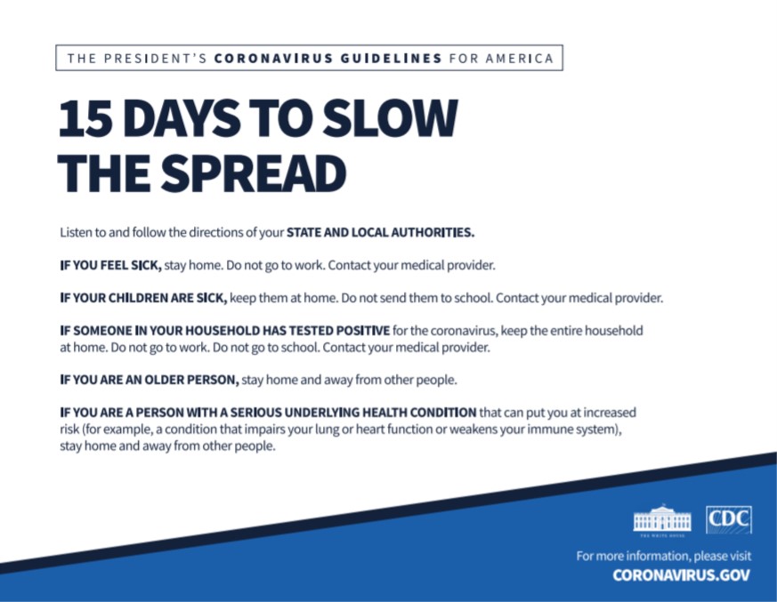 RepTorresSmall's tweet photo. New Guidance: @CDCgov issued guidelines for the next 15 days to slow the spread. Working together is critical to saving lives and protecting our community. Please do your part to slow the spread of COVID-19. https://t.co/icGMnDwD3z