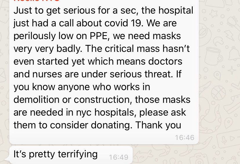URGENT PLEASE SHARE: New York friends, colleagues this message is from a family member who is a doctor in a Manhattan hospital. Can anyone help? Please DM me and I will help organise logistics. This is very early days in #COVID19 #coronavirus
