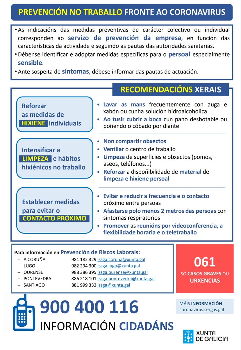 ⚠️Información Covid-19⚠️

Documento informativo coas recomenacións xerais de actuación no traballo fronte ao coronavirus.
