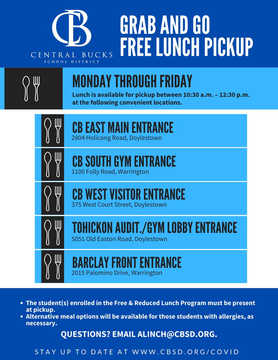 Food assistance reminder - during the closure "grab and go" lunches for students enrolled in free &amp; reduced lunch are available for pickup <a href="/east_cb/">CB East High School</a> <a href="/CBWestHS/">CB West High School</a> <a href="/CBSouthHS/">CB South</a> <a href="/CBTohickonMS/">Tohickon MS</a> and <a href="/cbbarclayES/">cb-barclay</a> 10:30AM-12:30PM, Monday through Friday! Details at cbsd.org/food