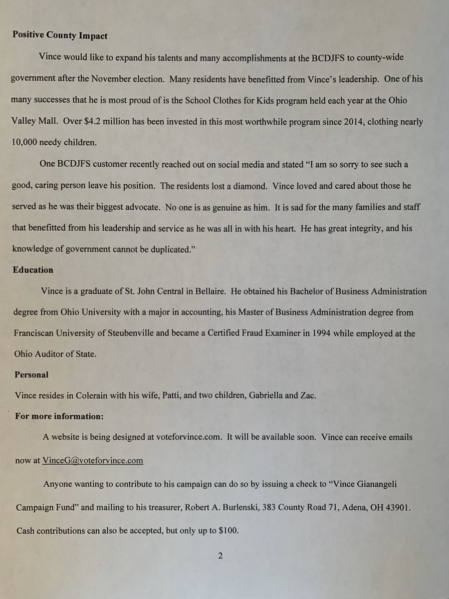 Today I announced my candidacy for Belmont County Commissioner in the November general election. Let’s make history and win as an independent. Commissioners should be independent when representing the county on matters. I appreciate and value your support. #voteforvince