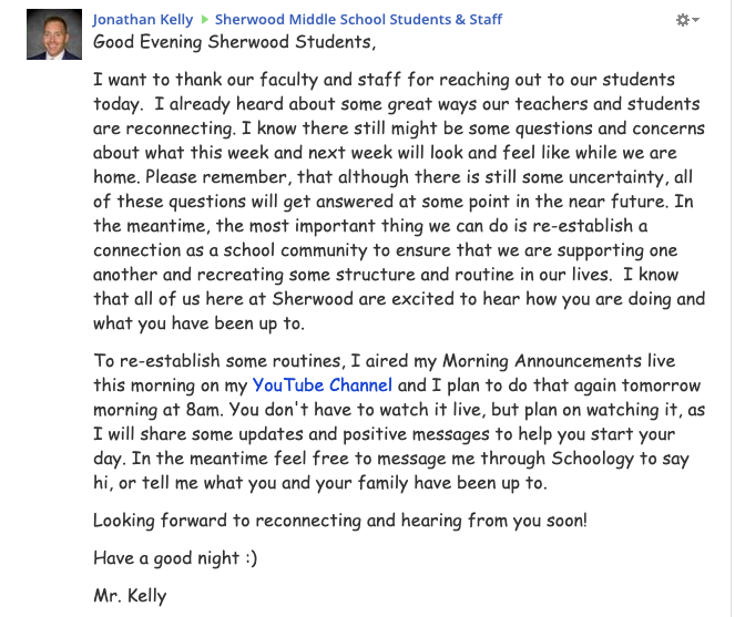 Good Evening Sherwood Parents-Please read this message with your child tonight-I also posted it to their Schoology account on their iPad. I encouraged them to watch my Morning Announcements tomorrow at 8am if they are awake 😀👍👊💯 #WeAreSherwood t.ly/dr8rY