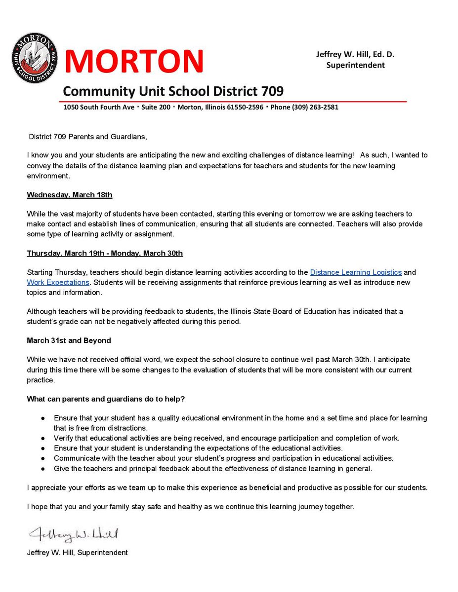 Morton709's tweet photo. UPDATE: Superintendent Dr. Jeff Hill’s Distance Learning Update letter to parents and guardians (see image below) #709AlwaysLearning https://t.co/CDOz84hpI6