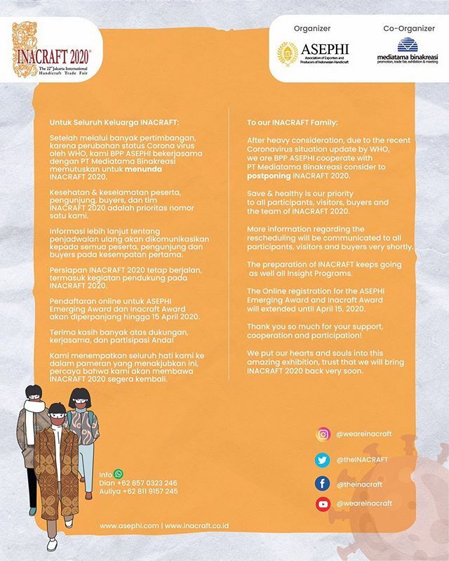 Kepada seluruh pecinta INACRAFT.
Sehubungan dengan berkembangnya Covid-19 di Indonesia &amp; untuk menjaga agar tidak meluasnya penyebaran virus ini, maka perlu kami sampaikan bahwa pelaksanaan INACRAFT 2020 ditunda. Penjadwalan ulang pelaksanaan pameran ini… ift.tt/2xNhV7L