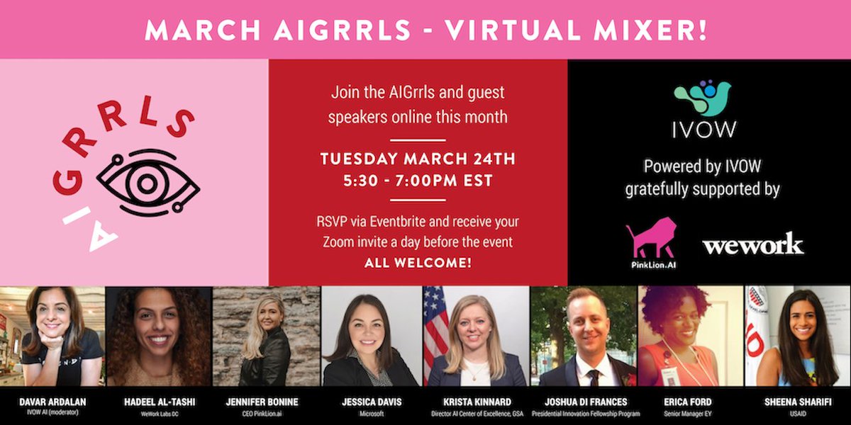 Check out the #AIGirrls mixer, Tues, the 24th. Topic: #ArtificialIntelligence &amp; #community. I'll be speaking &amp; look forward to learning from everyone who joins us. We're meeting virtually this month - if you'd like to register and Zoom in, please RSVP at: eventbrite.com/e/virtual-aigr…