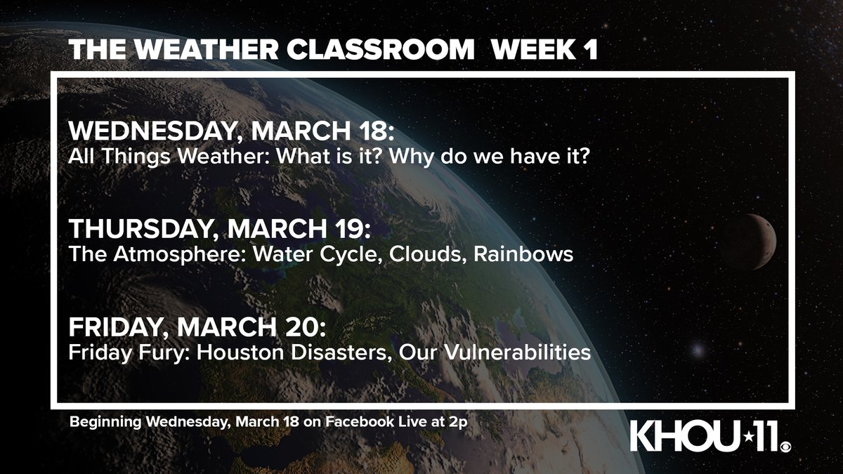 DavidPaulKHOU's tweet image. Class is in! The KHOU11 weather team will be live at 2 pm Wednesday (and through next week) on the KHOU11 Facebook page with The Weather Classroom. Here&apos;s the schedule. Come hang out with us! #khou11 #houston #weather