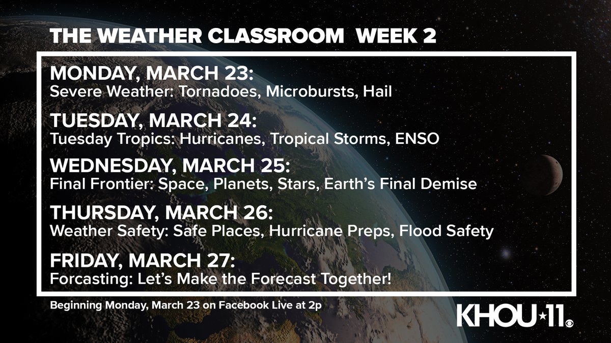 DavidPaulKHOU's tweet image. Class is in! The KHOU11 weather team will be live at 2 pm Wednesday (and through next week) on the KHOU11 Facebook page with The Weather Classroom. Here&apos;s the schedule. Come hang out with us! #khou11 #houston #weather