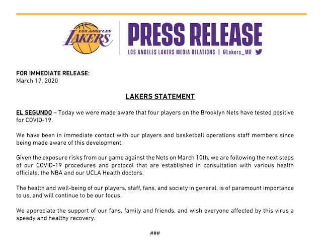 LakersNation's tweet image. Lakers release following statement: