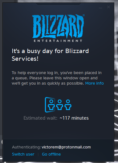 MuddyRS's tweet photo. @BlizzardCS Login is down. I got back in twice and immediately kicked off. https://t.co/CQBxnjdsCJ