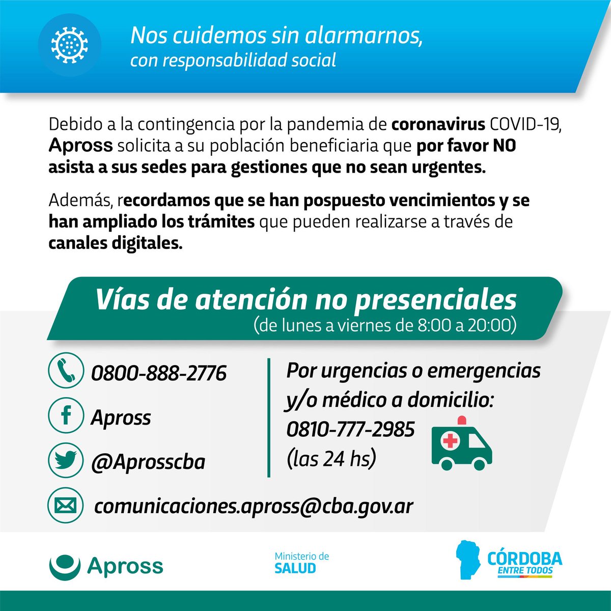NachoLutri's tweet photo. 🗣📞  Consultas y denuncias por #coronavirus 👑🦠 
📲Urgencias, emergencias y médico a domicilio #Apross 🚑
☎️ Si estas en situación de #Violencia 
#telefonos24hs #comunicate #YoMeQuedoEnCasa @minsaludcba @gobdecordoba @AprossCba @mindelamujercba https://t.co/BOiVCWwfcd