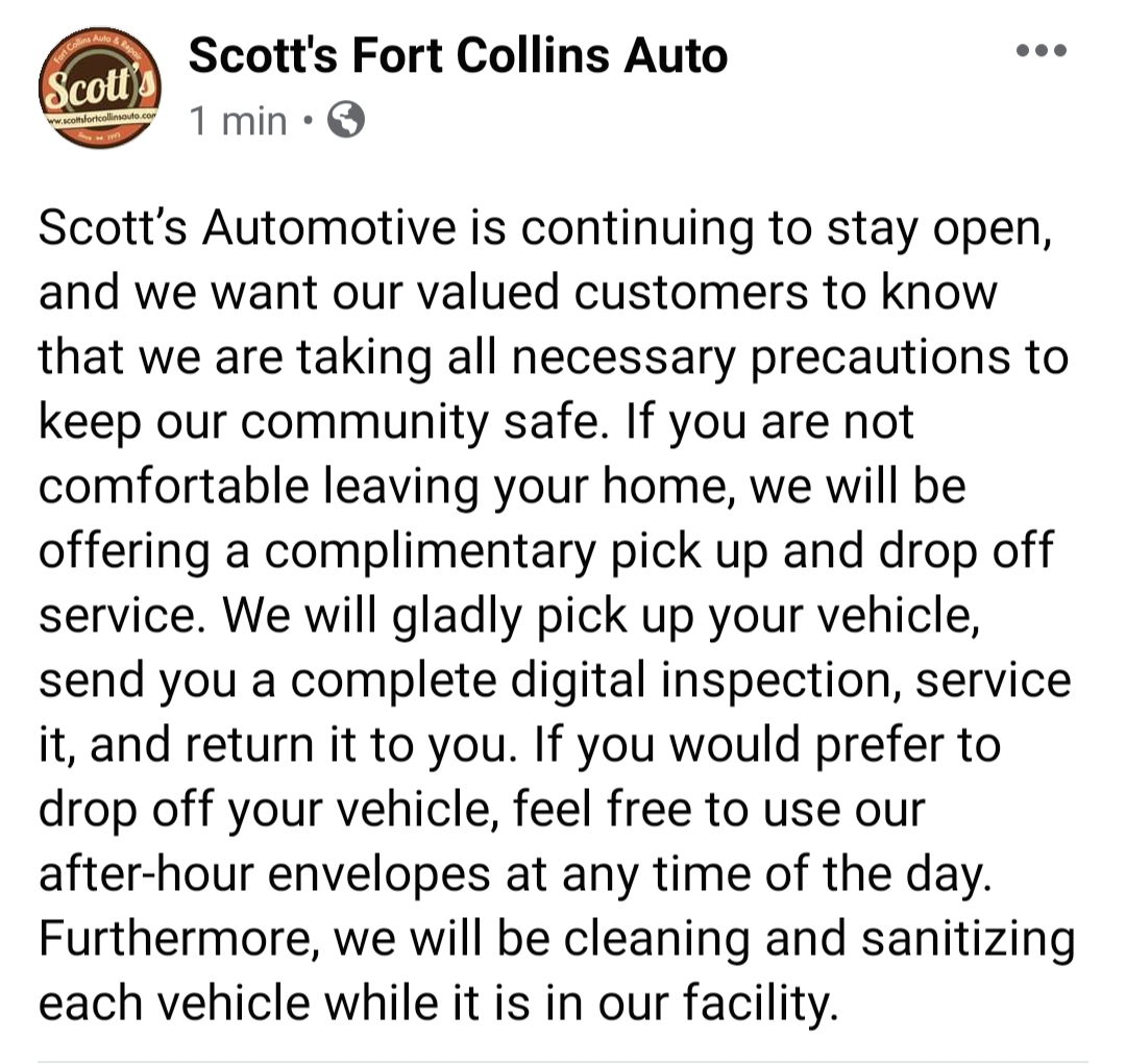 If you are not comfortable leaving your home, please call us for a complementary pick up and drop off!

970-541-4404

#automotive #CoronavirusOutbreak