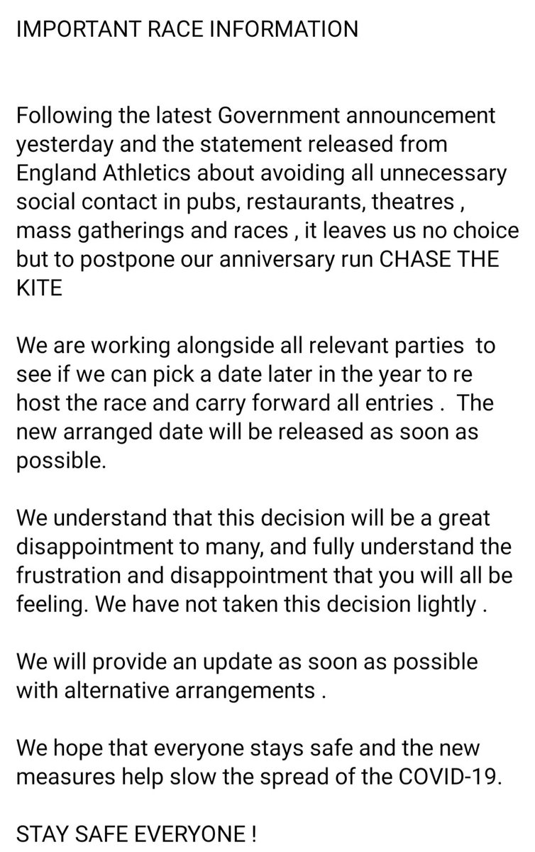 On advice of <a href="/EnglandAthletic/">England Athletics</a> we have suspended Red Kite Runners club sessions until at least the end of April. This also means that our 5th anniversary race #ChaseTheKite 10k has unfortunately had to be postponed.
We will update further when we are able. Please stay safe