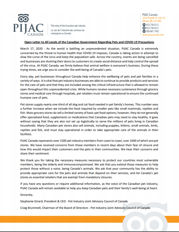 AshleyBurr_'s tweet photo. "During these trying times, we urge you to consider the well-being of Canada’s pets" - @PijacCanada which represents over 1000 pet stores sent a letter to Ottawa Tuesday, asking the federal government to classify pet supply stores as essential retailers. @CityNewsVAN @NEWS1130 https://t.co/Up28vcNflU