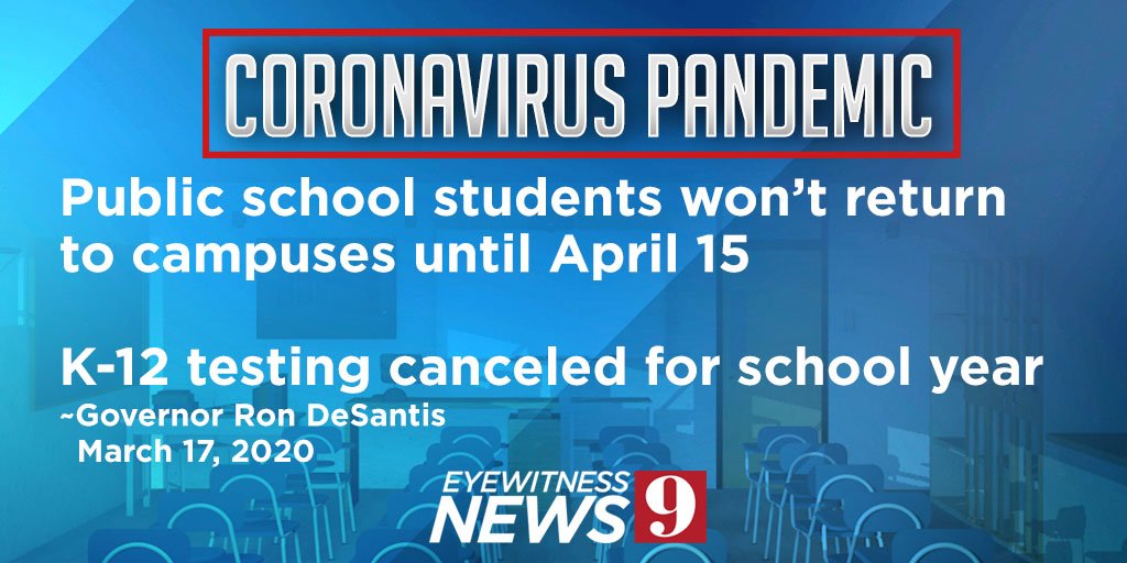 WFTV's tweet image. Governor DeSantis announced #Florida schools will not be returning for almost a month because of the #coronavirus | at.wftv.com/3daOOLY