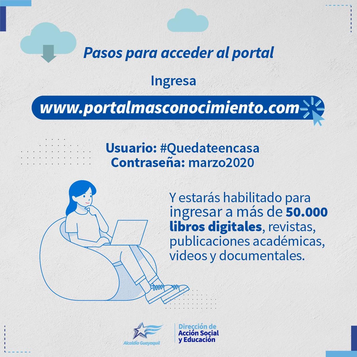 cynthiaviteri's tweet photo. A trav��s de la Dirección de Acción Social y Educación (DASE), hemos dispuesto el acceso gratuito a la librería virtual con más de 59.000 libros, Hemeroteca Virtual con más de 26.000 publicaciones y Videoteca virtual con más de 5.000 videos. https://t.co/e3MxOKpqBI