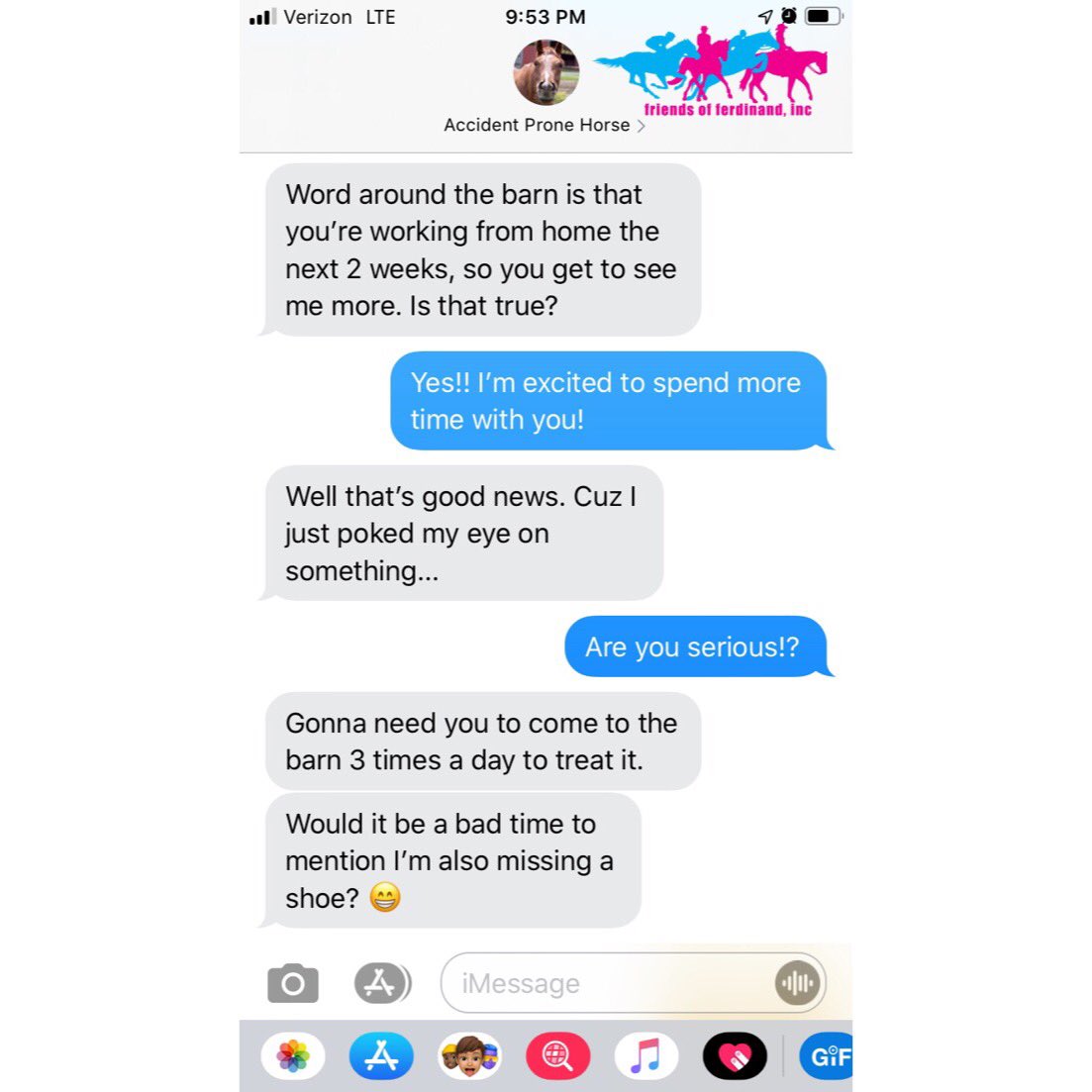 TBexracers's tweet photo. If your horse could text - Coronavirus edition!
Which of these horses sounds most like yours?
#TeamFFI #AdoptAThoroughbred https://t.co/jn2XYsw4bN