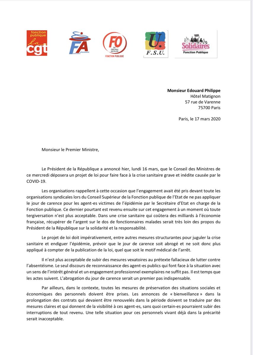 UFSE_CGT's tweet photo. L’intersyndicale #fonctionpublique publique ecrit @EPhilippePM. Elle exige la fin du jour de #carence, des #restructurations, la prolongation des #contrats, des #moyens pour les #servicespublics https://t.co/D7uwaYqQWp