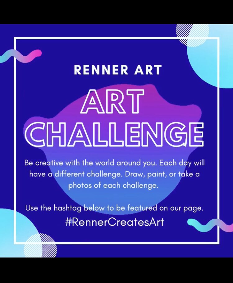 LaurenWellArt's tweet photo. Get ready to be creative! 
This is an art challenge for everybody. Grab you supplies and let’s create. The challenge starts tomorrow. Don’t forget to tag and use the hashtag #RennerCreatesArt  to be featured on instagram page @renner_art #k12artchat #pisdcreatesart @PISDFineArts https://t.co/iRWfkFQHPa