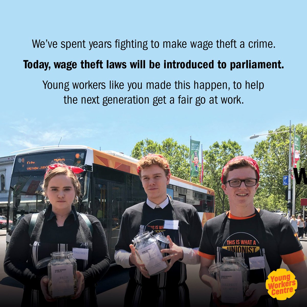 YWCVictoria's tweet photo. BREAKING NEWS: Today the Wage Theft Bill 2020 will be introduced into State Parliament.

This wouldn't have happened if young workers hadn't come together to bravely tell their stories and stand up to dodgy bosses. #wagetheft #springst https://t.co/K2swSfmcyI