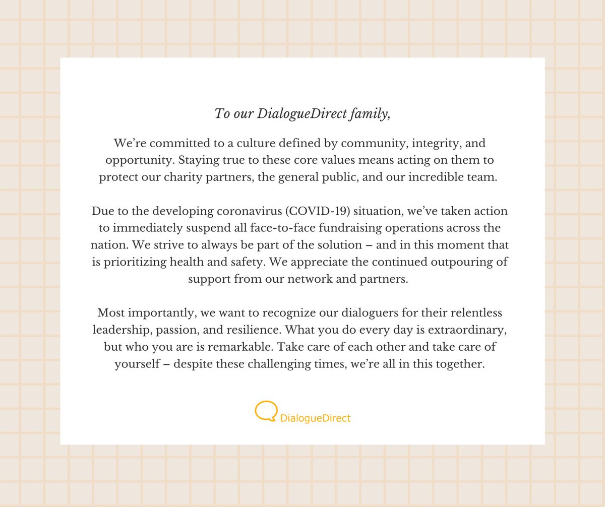 DialogueDirect's tweet image. Take care of each other and take care of yourself - despite these challenging times, we’re all in this together.

Community. Integrity. Opportunity. 🌎
