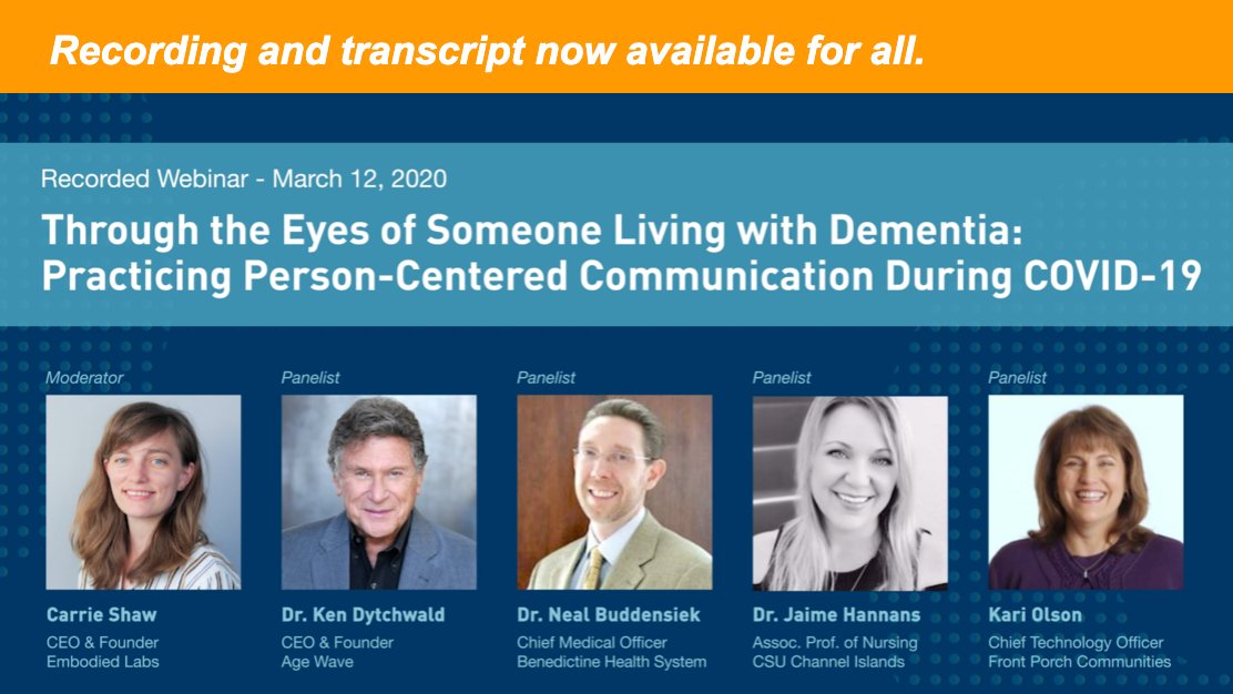 embodiedLabs's tweet photo. 🎙 Full recording &amp; transcript of last week's webinar NOW AVAILABLE to everyone as we navigate #COVID19 together w/ Dr. Ken Dytchwald, Dr. Neal Buddensiek, Dr. Jaime Hannans, Kari Olson, Jeannee Martin Parker, &amp; Carrie Shaw 

WATCH: https://t.co/AALDiDr6lJ
#seniorliving #dementia https://t.co/hizLOuUseO