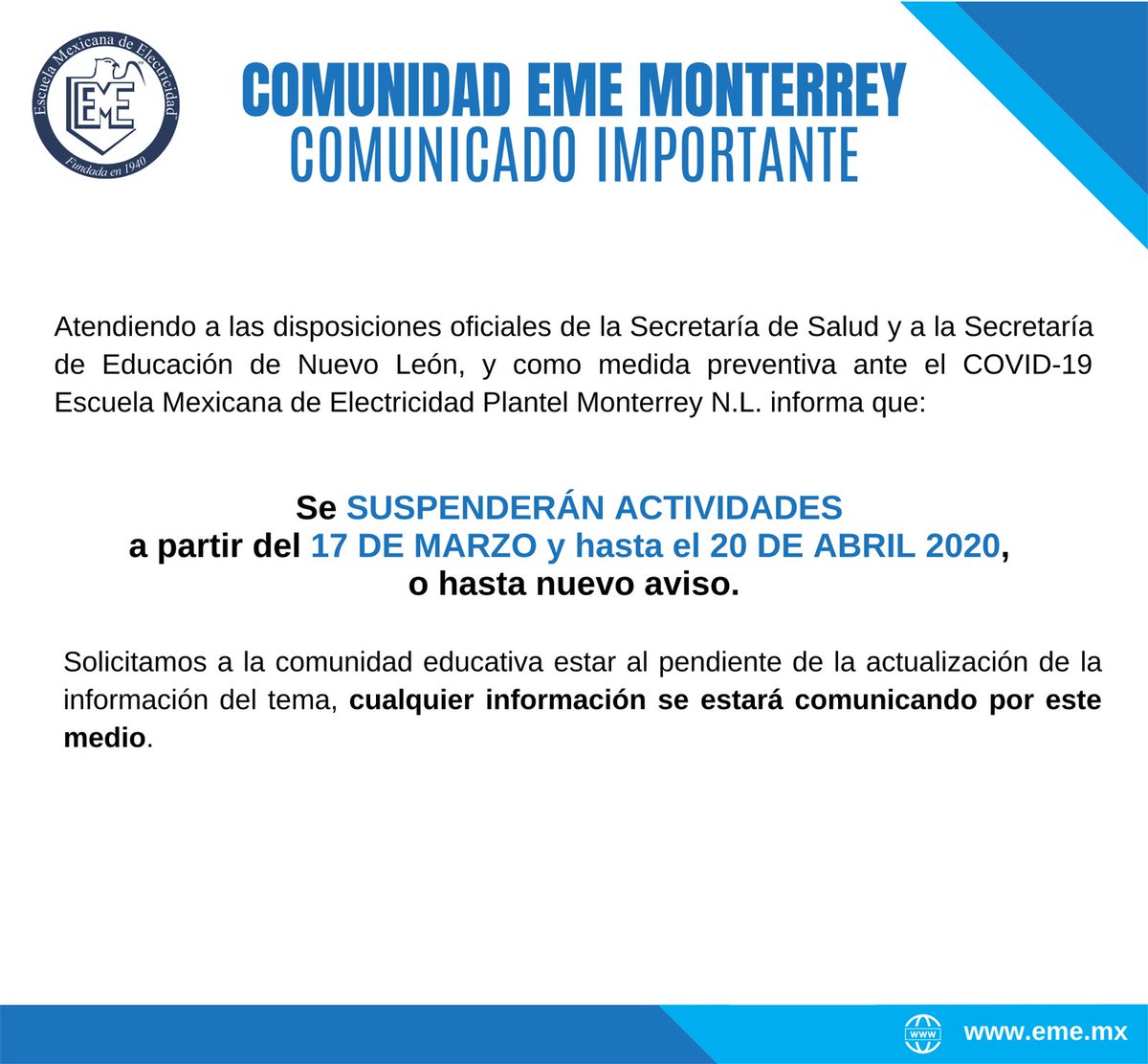 EscuelaEME's tweet photo. Atendiendo a las disposiciones oficiales de salud se suspenderán clases en todos los planteles de la EME. https://t.co/OTCAnMyb1H