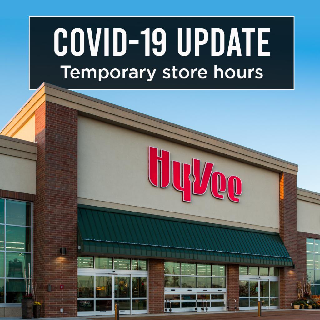 Tomorrow, March 18, Hy-Vee stores will close at 8pm. Starting March 19, our new hours will be 8am to 8pm, 7 days a week, until further notice. These hours allow our employees more time to clean &amp; sanitize all areas of the store and restock items. We appreciate your understanding.