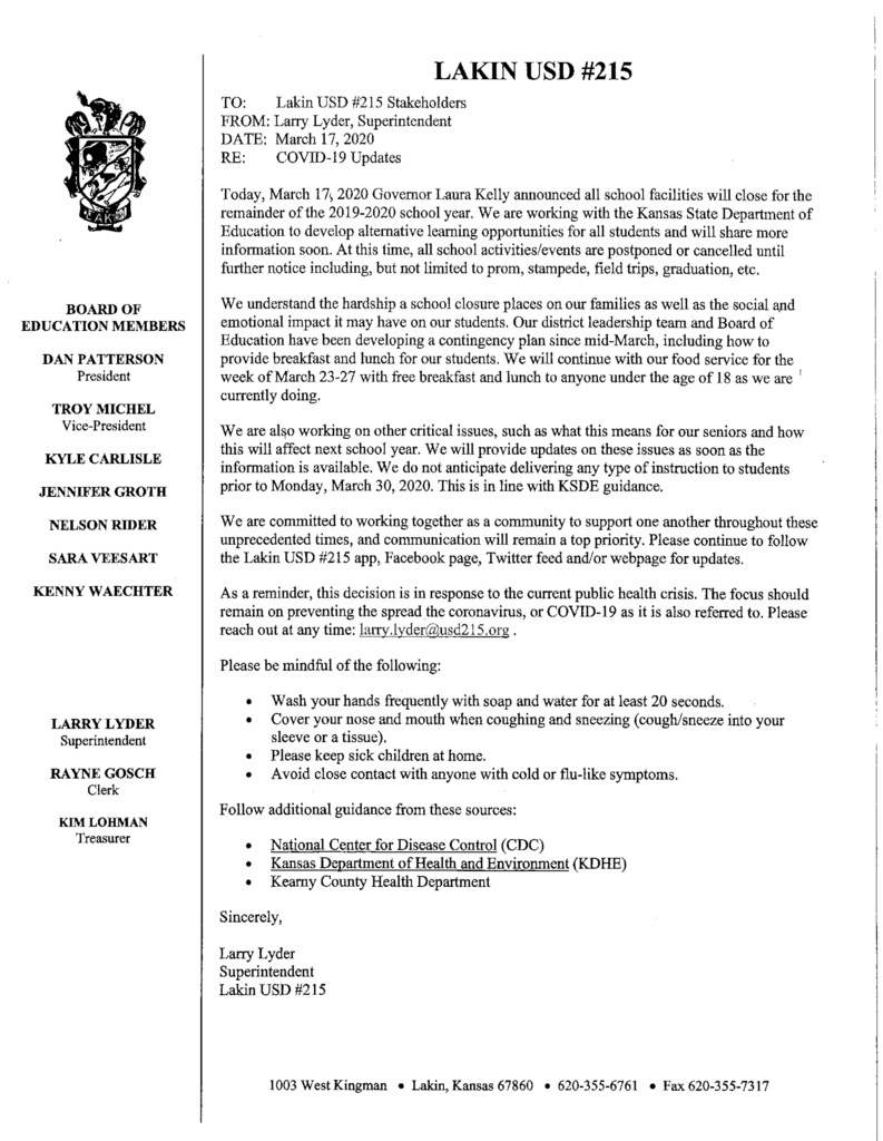 LakinBroncs215's tweet photo. Please see the latest information after the Governor's announcement today. We will continue to publish plans moving forward with "Continuous Learning" by KSDE guidance as school closure does not mean that learning is going to stop for our students for the remainder of the year. https://t.co/FfgvAp0rmr