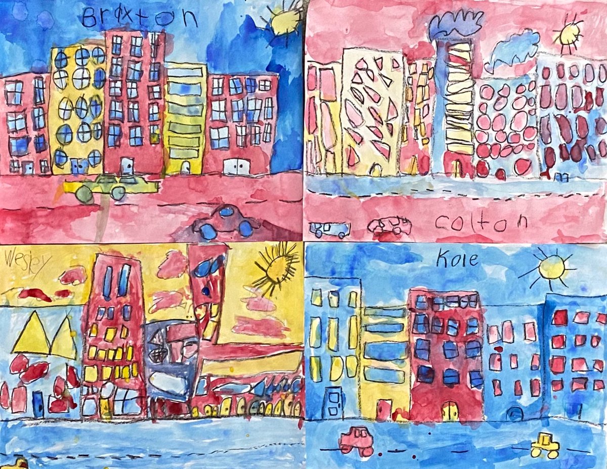 ArtAndMsG's tweet photo. Just a few Byesville kindergarten cityscapes with primary colors. #artclass #elementaryart #RH_Colts https://t.co/et2lTkghGV