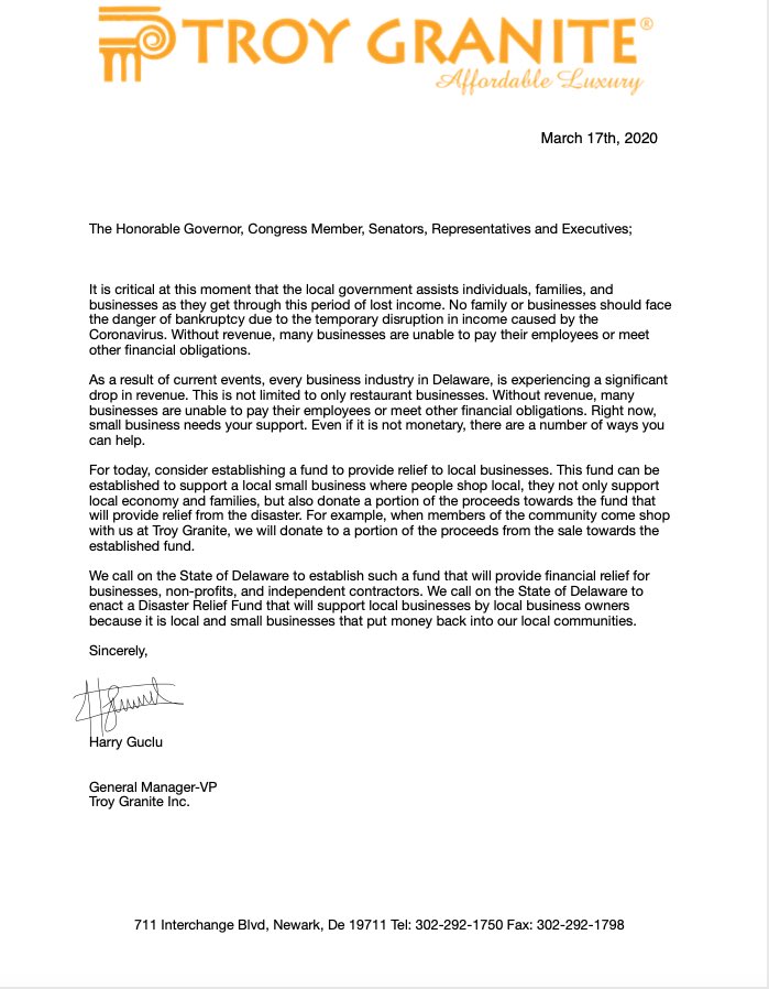 TroyGranite's tweet photo. Attention to Delaware Local Businesses and @JohnCarneyDE @ChrisCoons @TomCarperforDE @StateDept @DEStateChamber @Delaware_DHSS @delawareonline  #supportsmallbusinessDE https://t.co/IafMndVPrS