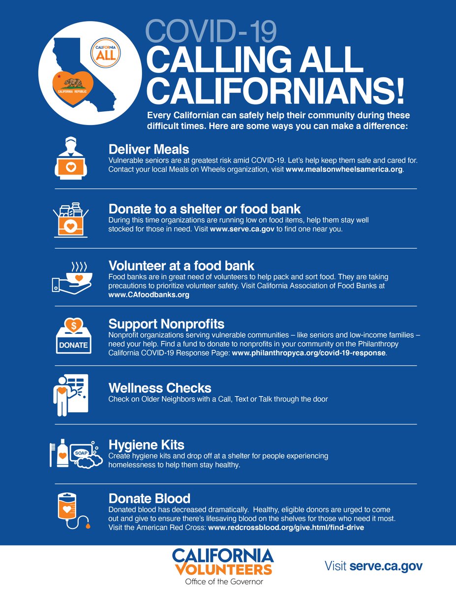 kkellyjanus's tweet image. You can help others during COVID-19. Even while sheltering in place, you can call and text with seniors. You can donate to nonprofits that support vulnerable individuals. And if you’re not sheltering in place, you can volunteer. #CaliforniaForAll @CalVolunteers @CAGovernor