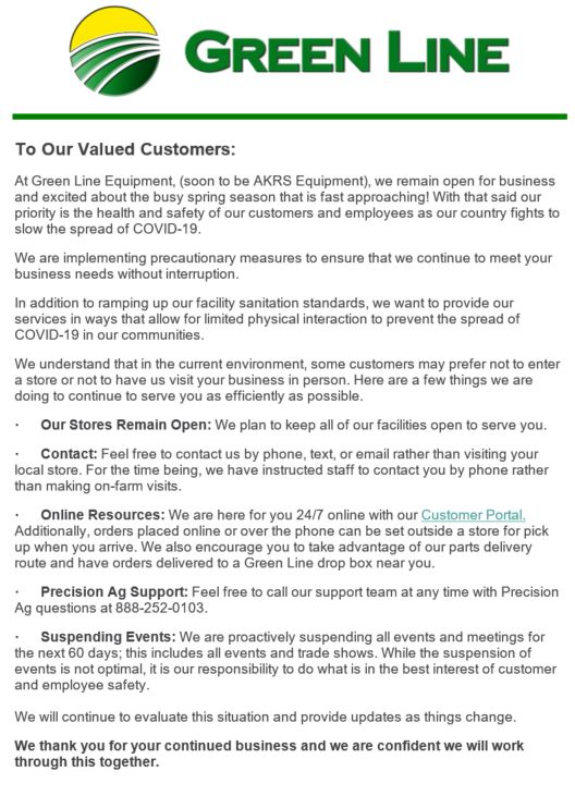 GreenLineEquip's tweet image. Green Line Equipment, Stutheit Implement Co., and Plains Equipment Group stores remain open at this time. Read here about our plan to support customers while working together to mitigate the impact of COVID 19.