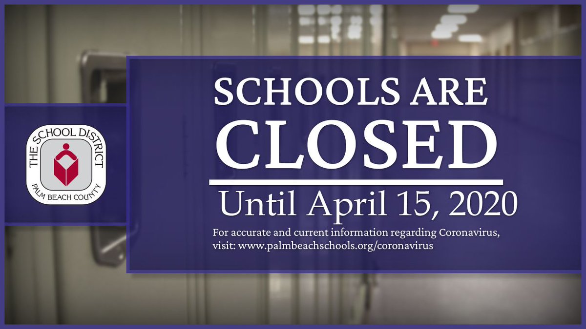 The School District of Palm Beach County (@pbcsd) on Twitter photo Per <a href="/GovRonDeSantis/">Ron DeSantis</a>, all schools in Florida will remain closed through at least April 15, 2020. The Governor also suspended K-12 testing. Per <a href="/GovRonDeSantis/">Ron DeSantis</a>, all schools in Florida will remain closed through at least April 15, 2020. The Governor also suspended K-12 testing.