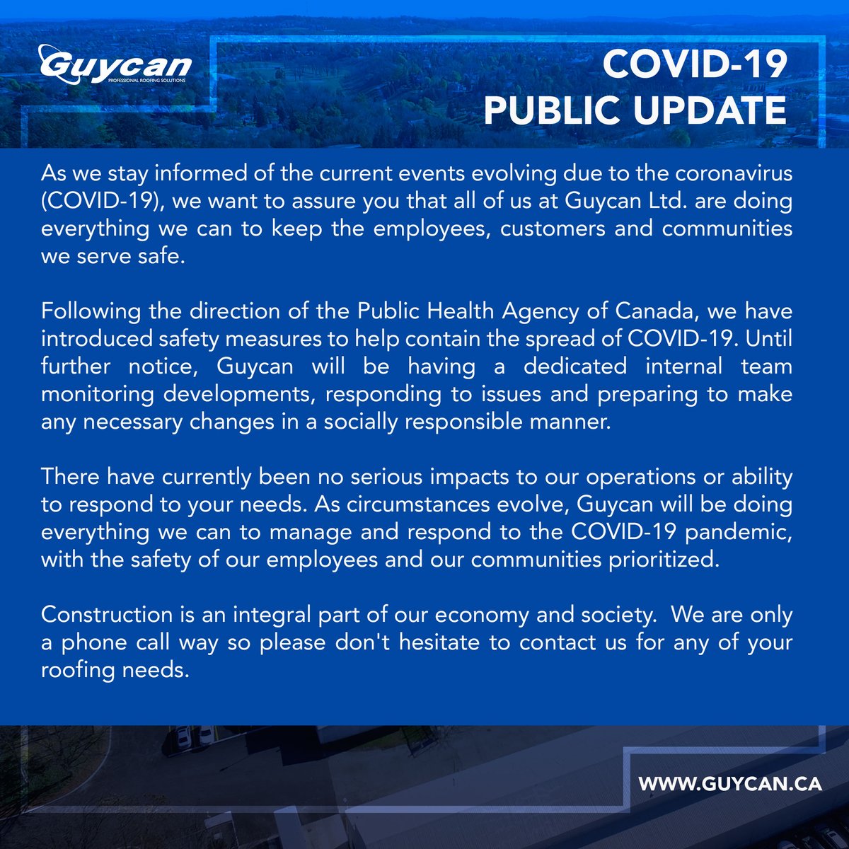 Guycanltd's tweet photo. DURING THIS DIFFICULT TIME, YOU COUNT ON #GUYCAN
WE'RE HERE TO SERVE YOU!
#roofrepair #roofmaintenance #roofinspection #leakingroof
#roofing #construction #roofingcontractor #roofinglife #covid19 https://t.co/5HoJJFy8Ks