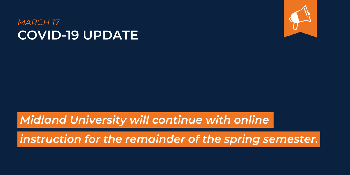 MidlandU's tweet photo. After careful consideration, Midland University has announced its plans to continue with online instruction through the remainder of the spring semester.

🔗 https://t.co/CHRRyOEa4Y https://t.co/EfgAWCmL4u
