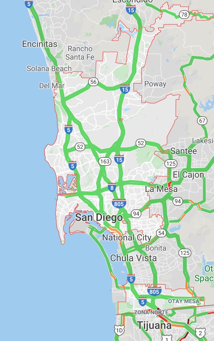 These are the San Diego freeways at 4pm on a weekday. (Green = uncongested). Amazing.